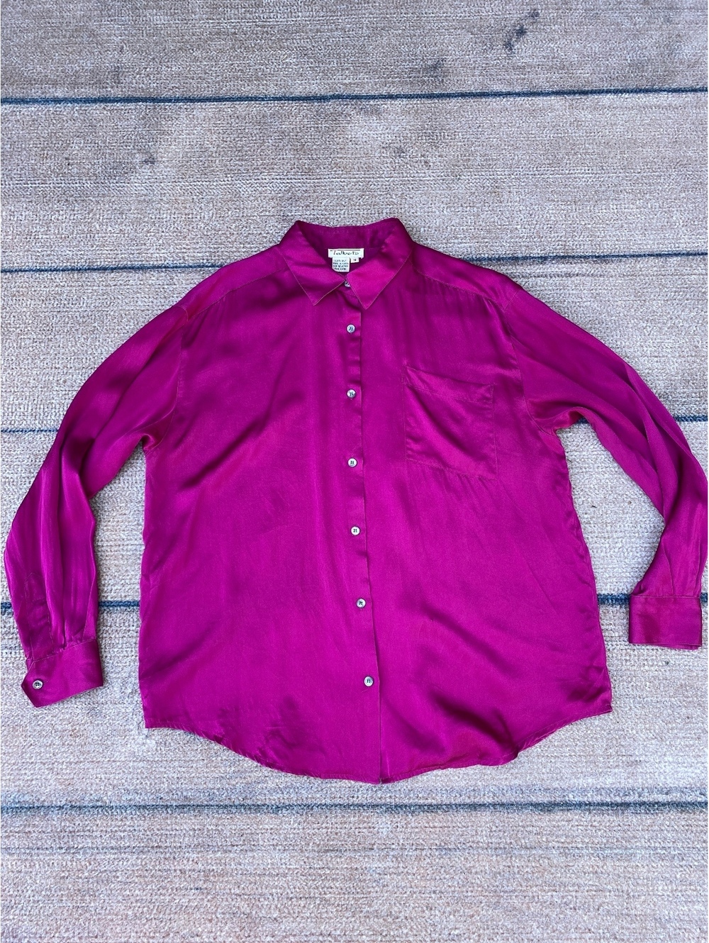 Pure Silk satin blouse fuchsia relaxed fit 90's minimalist power dressing M